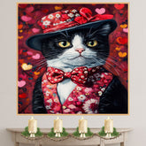 Love & Grace: Tuxedo Cat in a Heart-Adorned Floral Hat and Suit - Sophisticated Valentine's Painting on Ready to Hang 1.5" Thick Canvas Wrap, Floating Framed Canvas, Flat Rolled Canvas